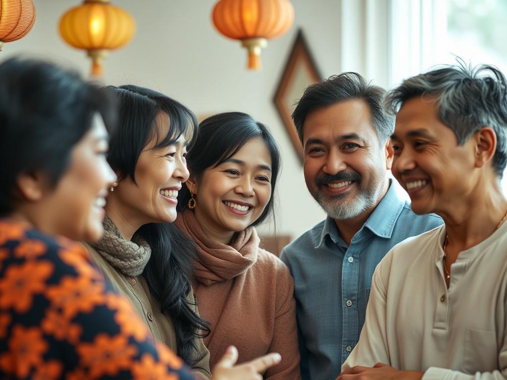 A close-up shot of a diverse group of individuals engaged in a conversation, showcasing warmth and connection. The background is softly blurred with hints of traditional cultural elements, symbolizing respect and appreciation for diverse backgrounds in matchmaking.
