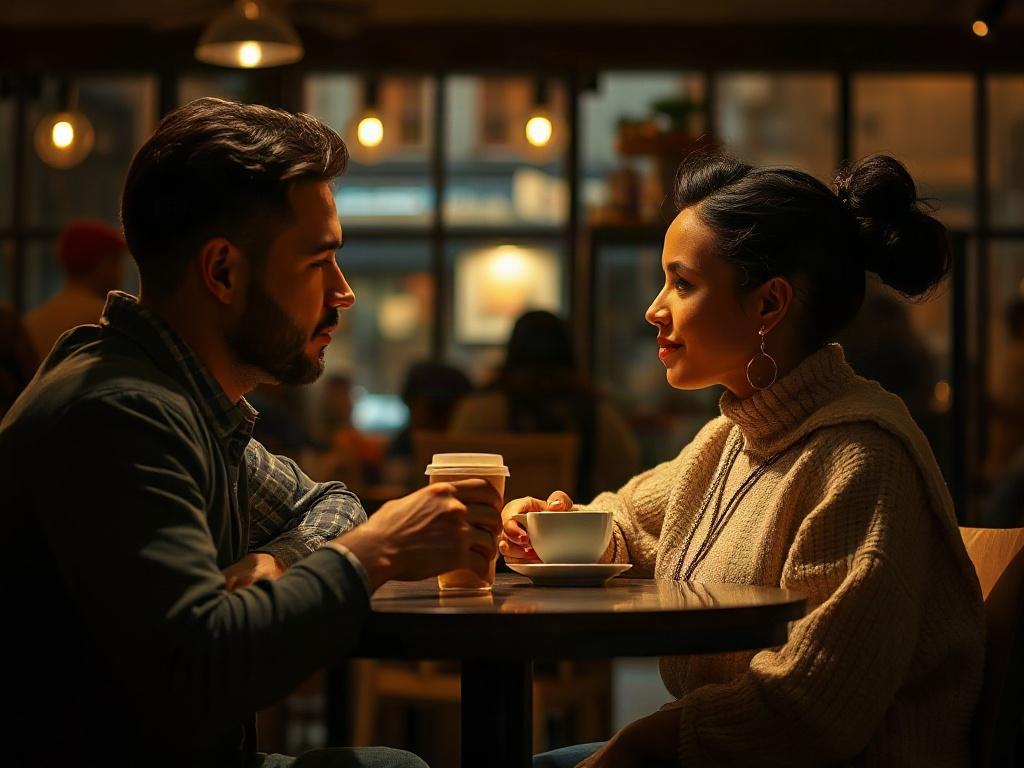 A warm, inviting scene of two individuals engaging in a thoughtful conversation over coffee in a cozy café. The focus is on their respectful interaction, with soft lighting enhancing the atmosphere. The background subtly hints at a community of diverse cultures, symbolizing Zawaj's inclusive approach to matchmaking. The image conveys a sense of connection and understanding, central to the Zawaj experience.