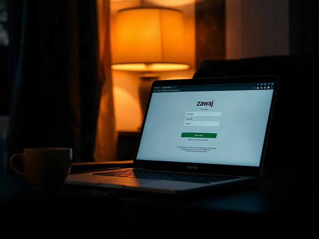 A serene and inviting workspace with a laptop open to the Zawaj application page. Soft lighting, warm colors, and a comfortable chair create a welcoming atmosphere. The image focuses on the laptop screen showcasing the Zawaj logo and a simple sign-up form, emphasizing ease of access and privacy. A cup of tea sits beside the laptop, adding to the calming ambiance.