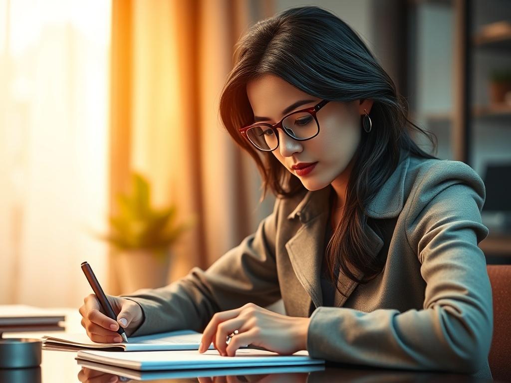 A close-up shot of a thoughtful matchmaker sitting at a desk, reviewing profiles and making notes. The background is softly blurred with warm, inviting colors that evoke a sense of trust and professionalism. The matchmaker has a focused expression, symbolizing dedication to finding the right match for clients.