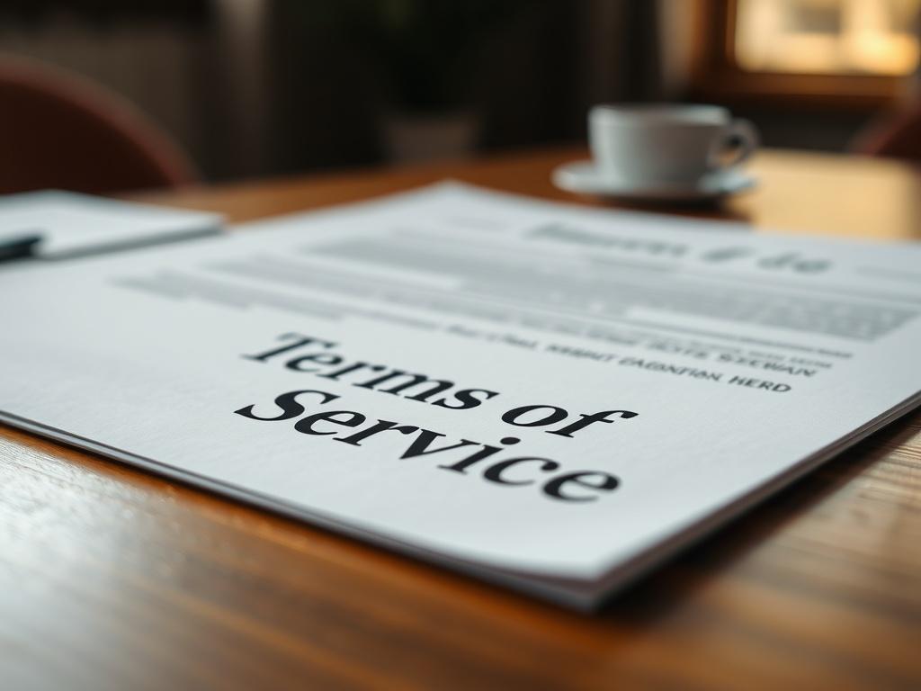 A close-up shot of a professional-looking document titled 'Terms of Service' on a wooden desk. The document is styled elegantly with a subtle logo in the corner. The background is softly blurred, highlighting the document while keeping a warm and inviting atmosphere, with natural light filtering in from a nearby window.