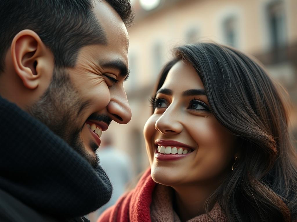 A hyper-realistic close-up shot of a beautiful Lebanese couple, showcasing their light skin and charming features. The couple is smiling and looking into each other's eyes, exuding warmth and connection. The background is softly blurred to emphasize their expressions, creating an intimate atmosphere. The color palette should complement the primary color #062767, enhancing the overall appeal of the image.