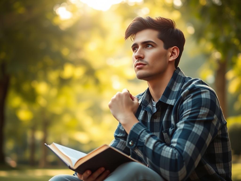 A close-up shot of a thoughtful young man sitting in a serene park, holding a Bible in one hand while gazing thoughtfully into the distance. The background features soft-focus greenery, symbolizing peace and faith. The warm sunlight filters through the leaves, creating a gentle glow around him. The image captures a moment of reflection, conveying the importance of faith in personal connections, shot with a 45mm f/1.2 lens.