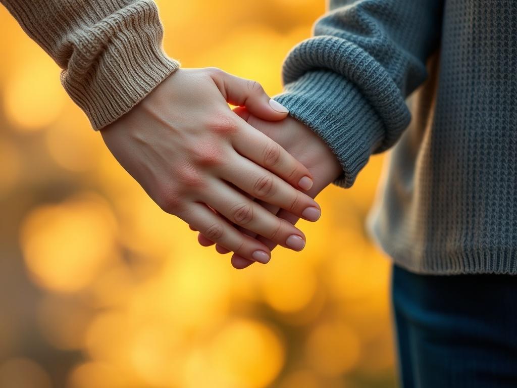 A close-up shot of two hands gently holding each other, symbolizing connection and love. The background is softly blurred, with warm, inviting colors that complement the primary color rgb(193, 153, 87). The focus is on the hands, showcasing intimacy and trust, with natural lighting creating a warm atmosphere.