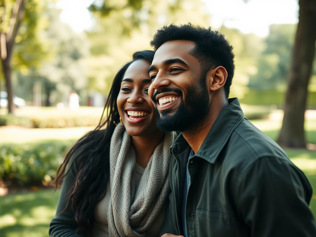 A close-up shot of a happy couple sharing a joyful moment in a park, surrounded by greenery. The couple is diverse in ethnicity, reflecting inclusivity. The focus is on their smiling faces, capturing a sense of connection and warmth. Soft natural lighting enhances the scene, creating an inviting and romantic atmosphere.