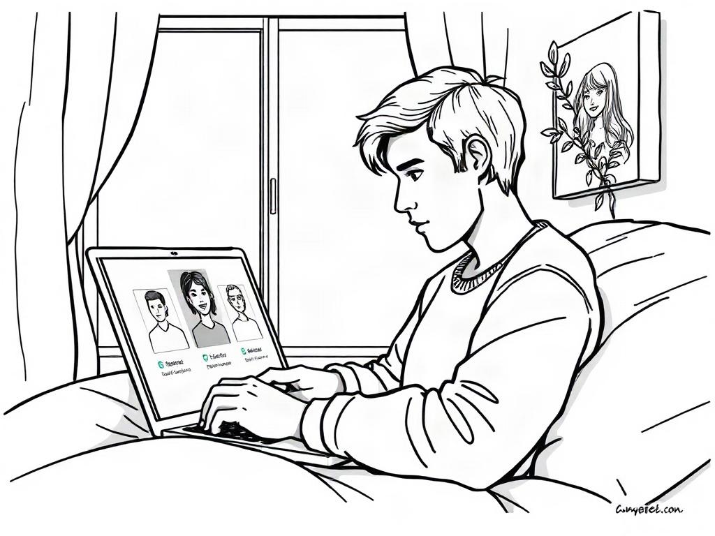 A high-quality illustration showing a person browsing profiles on a laptop, with a serene and inviting background. The person is focused and engaged, displaying a sense of curiosity and excitement. The screen shows blurred profile icons or outlines to maintain anonymity. The environment is cozy and warm, symbolizing comfort and safety in the matchmaking process.