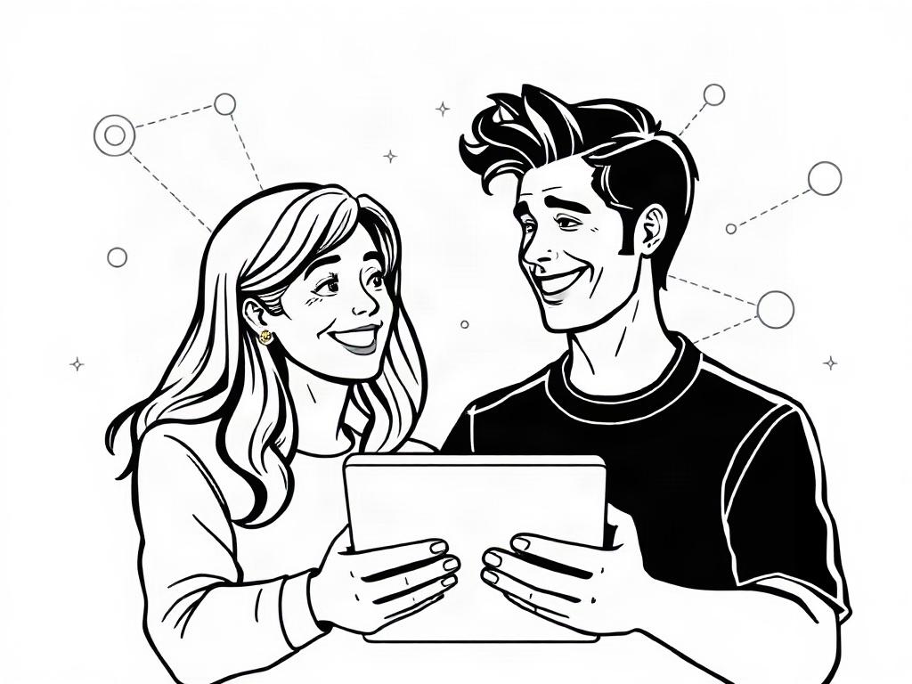 A high-quality illustration depicting two individuals smiling and connecting over a digital platform, symbolizing the excitement of new introductions. The background features abstract shapes or patterns representing digital connectivity and the essence of modern matchmaking. The individuals are engaged in a friendly interaction, embodying mutual consent and respect.