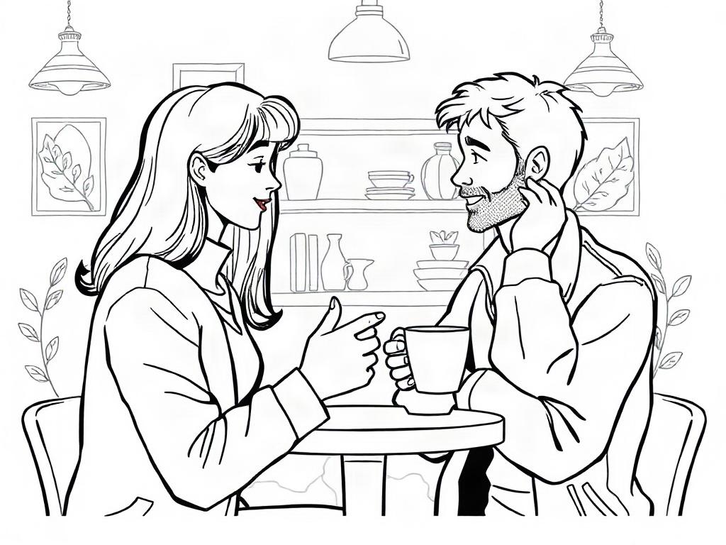 A high-quality illustration of two individuals engaging in a conversation over coffee, symbolizing a meaningful introduction. The scene captures a warm and inviting atmosphere, with decorative elements suggesting a cozy café. Both individuals appear friendly and open, representing the essence of successful matchmaking. The background emphasizes a sense of connection and mutual consent, enhancing the narrative of respectful introductions. The overall tone is positive and encouraging.