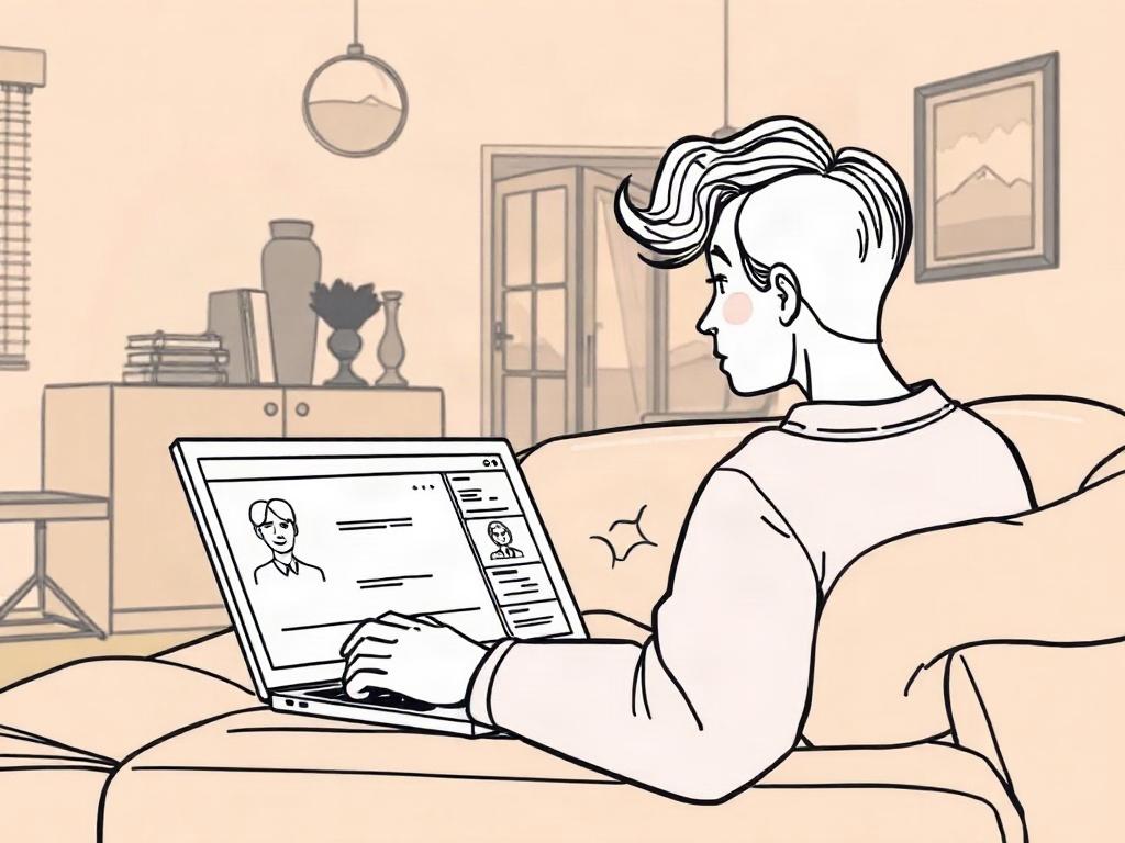 A high-quality illustration of a person browsing profiles on a laptop, set in a cozy living room. The person appears engaged and thoughtful, reflecting the concept of online matchmaking. The background is warm and inviting, with soft lighting and decorative elements, emphasizing comfort and privacy. The laptop screen shows profile outlines, symbolizing anonymity and consent. The overall mood is friendly and welcoming, encouraging viewers to explore matchmaking services.