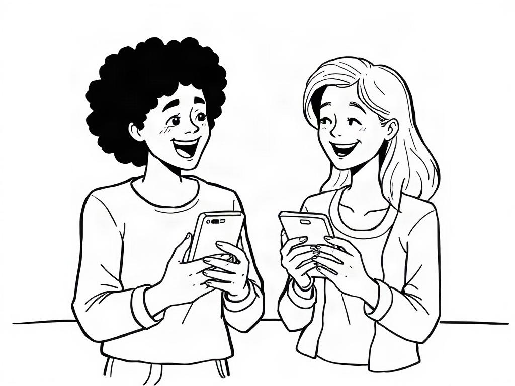 An illustration depicting two individuals happily exchanging introduction requests on their devices. The focus is on the act of connecting, with both characters looking engaged and positive. The background should remain simple, emphasizing the interaction. Use crisp, solid black line drawing style, compatible with rgb(193, 153, 87).