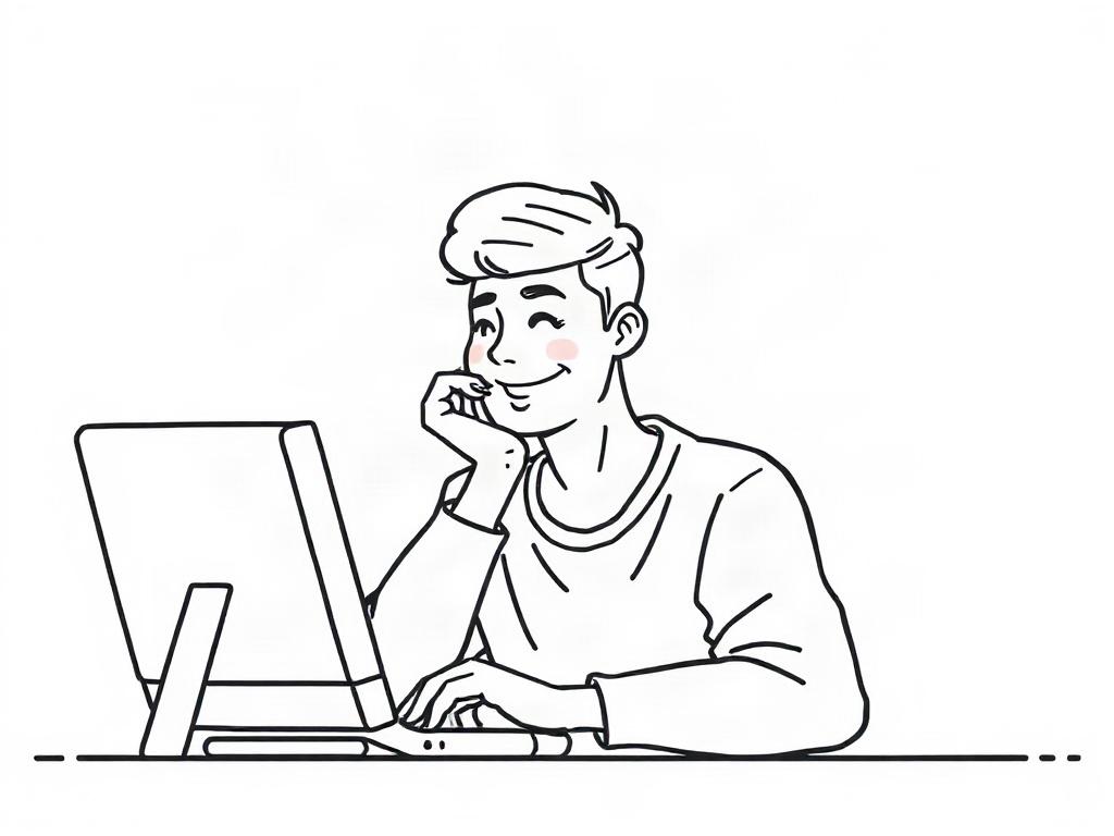 A clear and simple illustration showing a person thoughtfully browsing profiles on a computer screen. The background should be minimalistic to emphasize the subject. The person is smiling, indicating satisfaction with the browsing experience. Use crisp, solid black line drawing style, compatible with rgb(193, 153, 87).