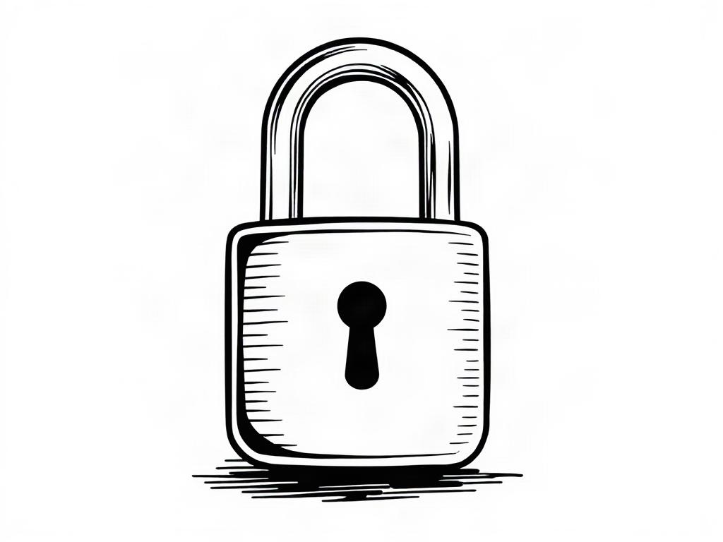 An illustration representing a secure lock symbolizing privacy and consent. The background should be minimal to keep the focus on the lock, with soft lines enhancing the feeling of security. Use crisp, solid black line drawing style, compatible with rgb(193, 153, 87).