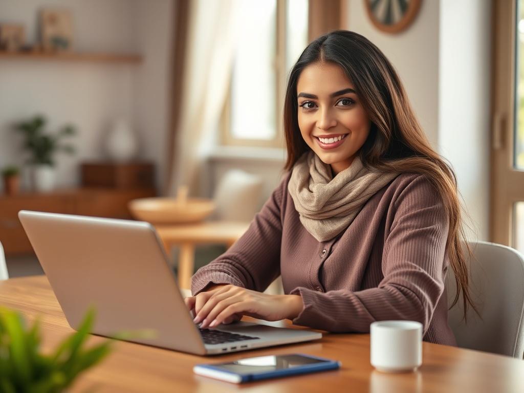 A beautiful Arab girl sitting at a desk with a laptop, filling out an intake form privately. She has a warm smile and is dressed in a stylish outfit. The background is softly blurred to maintain focus on her, with a cozy and inviting atmosphere. The lighting is bright and natural, creating a friendly ambiance.