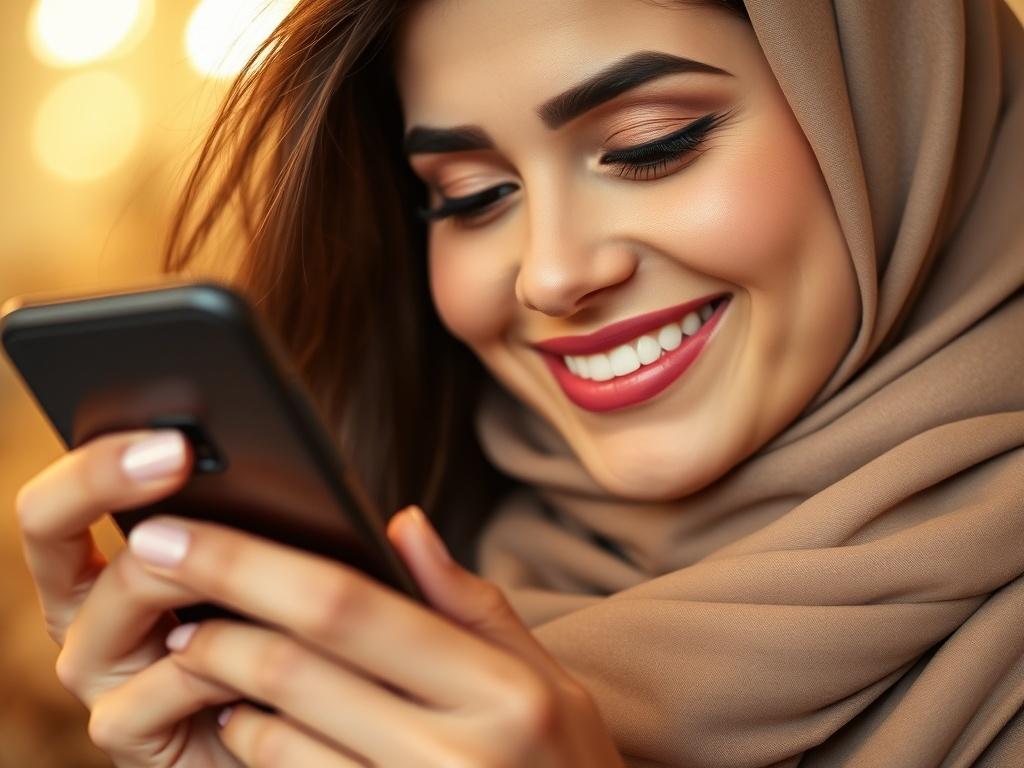 Create a high-resolution close-up image of a confident, smiling Middle-Eastern woman holding a smartphone, looking at a matchmaking app. The background should be softly blurred to focus on her, with warm lighting creating an inviting atmosphere. The composition should feel personal and relatable, emphasizing connection and the use of technology in modern matchmaking.