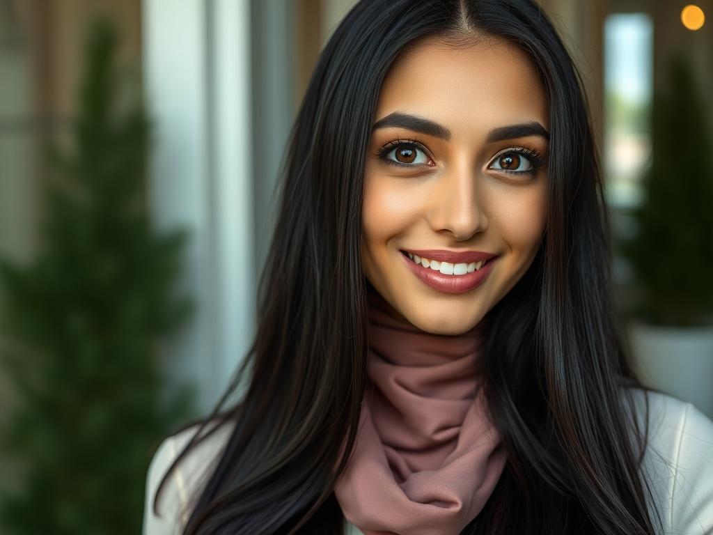 A young Lebanese woman with long black hair and light or fair skin, approximately 25 to 30 years old. She has beautiful, mesmerizing eyes that draw attention. The image should be a close-up shot, capturing her expressive features and warm smile, set against a simple and clear background that complements her natural beauty. The style should evoke a sense of professionalism and warmth, reflecting the welcoming atmosphere of Zawaj – Marriage MatchMaker.