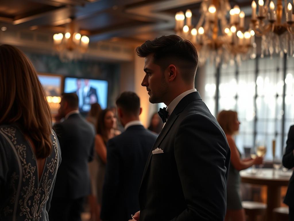 A close-up shot of a sophisticated event setting with elegantly dressed individuals mingling at a high-end venue. The atmosphere exudes luxury and exclusivity, with soft lighting and tasteful decor. Focus on a couple engaged in conversation, showcasing chemistry and connection amidst the lively ambiance.