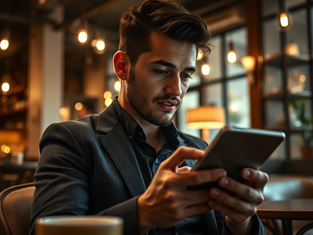 A close-up shot of a thoughtful individual reviewing potential matches on a tablet, appearing focused and engaged. The setting is a stylish coffee shop with an inviting ambiance, featuring soft lighting and elegant decor. The individual, dressed smartly, embodies the spirit of modern matchmaking.