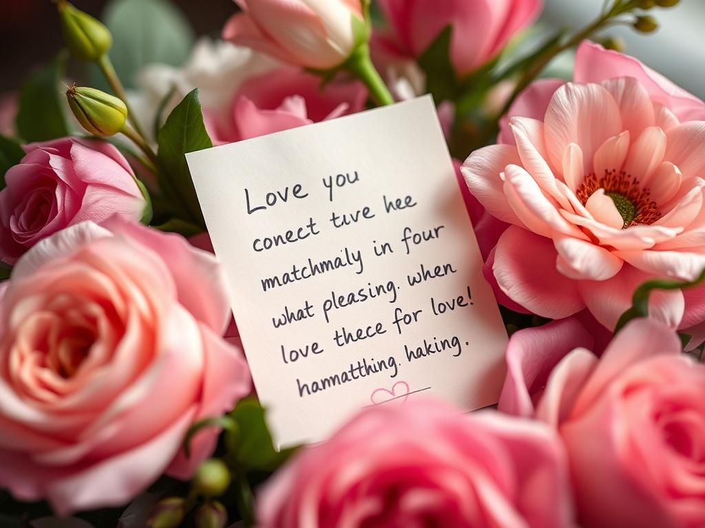 A close-up shot of a handwritten testimonial note, surrounded by fresh flowers, symbolizing love and connection. The background should be softly blurred, focusing on the note and its message of appreciation for the matchmaking service.