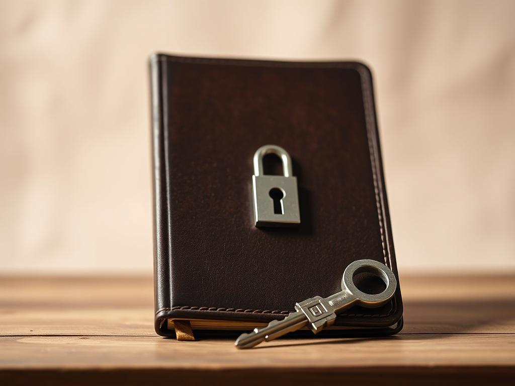 A serene image of a locked diary with a key beside it, symbolizing confidentiality and privacy. The background should be soft and neutral, emphasizing a feeling of safety and security.