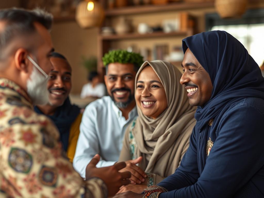 A warm, intimate setting showing a diverse group of individuals engaged in conversation, reflecting a blend of cultures and traditions. The focus should be on their smiles and interactions, encapsulating inclusivity and harmony.