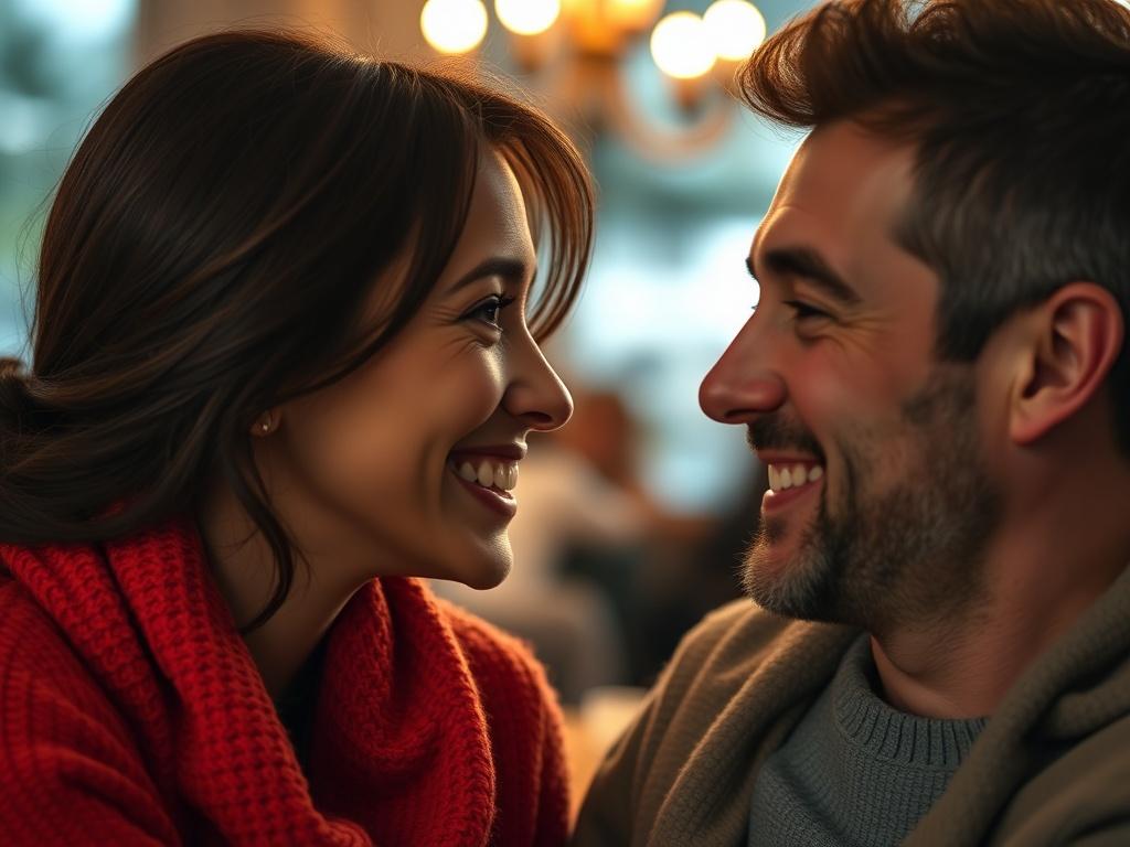 A close-up shot of a couple smiling at each other in a warm, inviting setting, with soft lighting that highlights their expressions. The background should be blurred to focus on the couple, capturing a moment of connection and joy.
