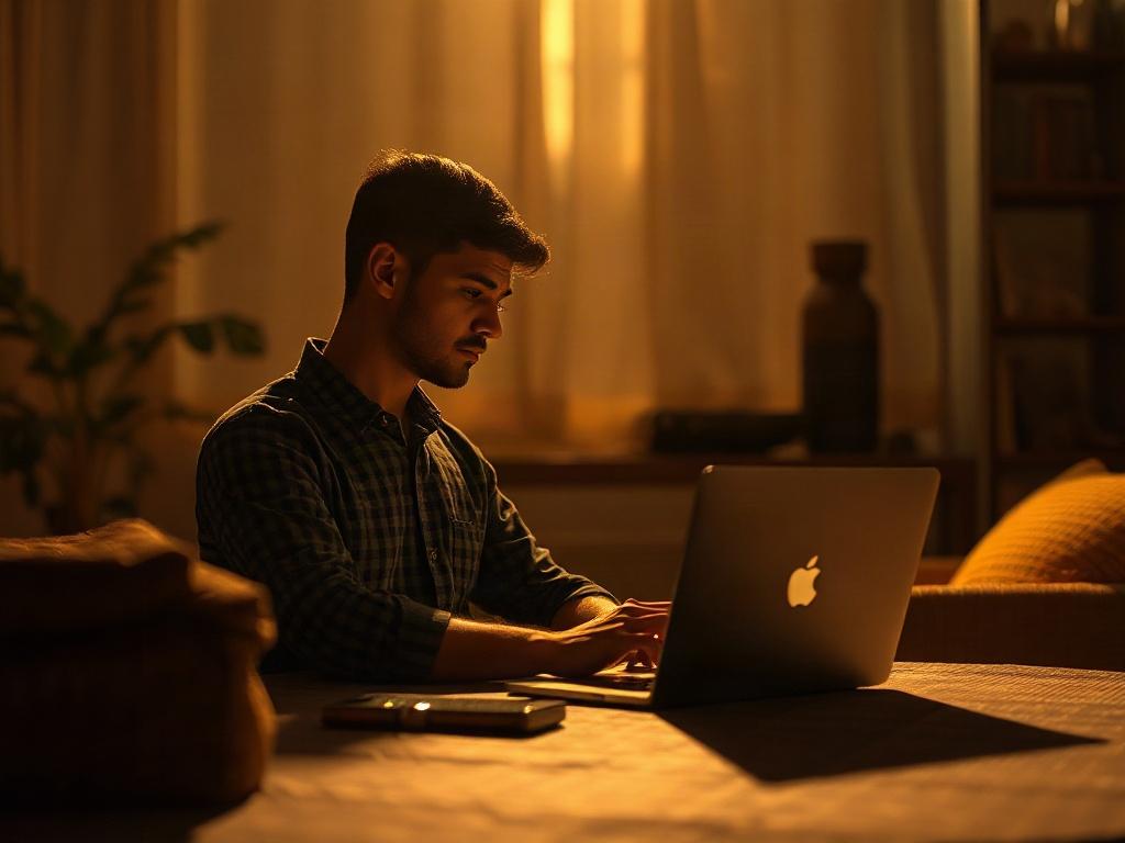 Create a high-resolution image featuring a serene, inviting setting that represents privacy and respect in matchmaking. The scene should include a single person thoughtfully browsing on a laptop, surrounded by soft, warm lighting. The background should be subtle and calming, with hints of cultural elements that reflect a diverse community. The overall atmosphere should convey a sense of trust, comfort, and connection.