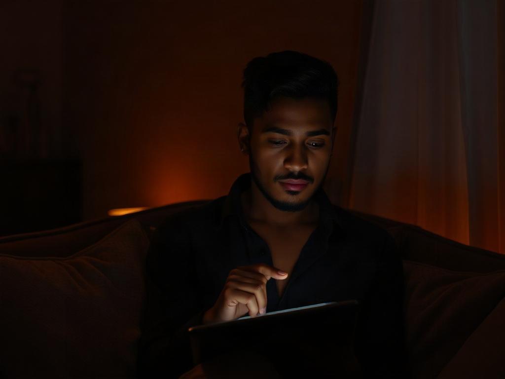 A serene setting featuring a single individual thoughtfully browsing profiles on a tablet, surrounded by warm, inviting lighting. The background should be simple and elegant, emphasizing privacy and comfort. The individual should appear focused and engaged, representing the thoughtful and respectful matchmaking process offered by Zawaj.