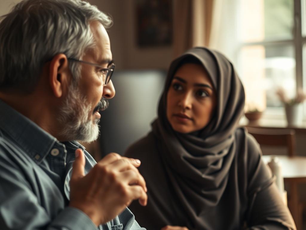Arab father and daughter having a respectful conversation about marriage at home.