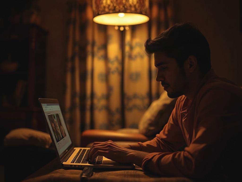 A serene setting depicting a person thoughtfully browsing profiles on a laptop in a cozy, dimly lit room, surrounded by warm colors, creating an inviting atmosphere. The focus is on the individual and their engagement with the screen, showcasing a sense of privacy and comfort.