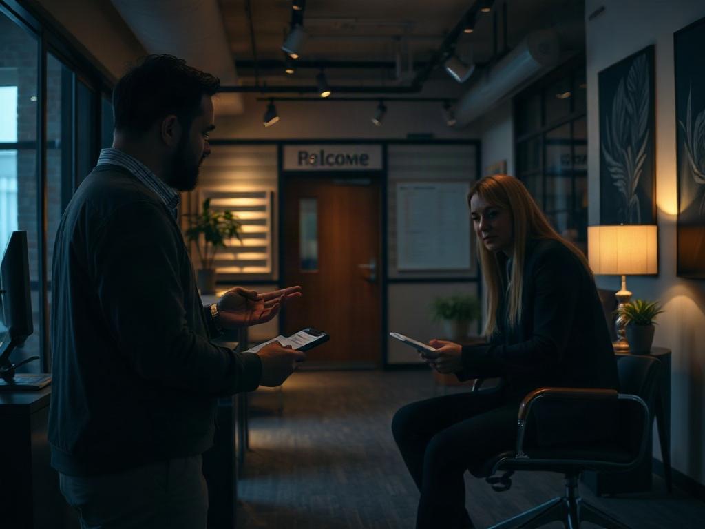 An inviting scene showing a welcoming office environment with a staff member discussing membership benefits with a potential client, fostering a sense of trust and professionalism.