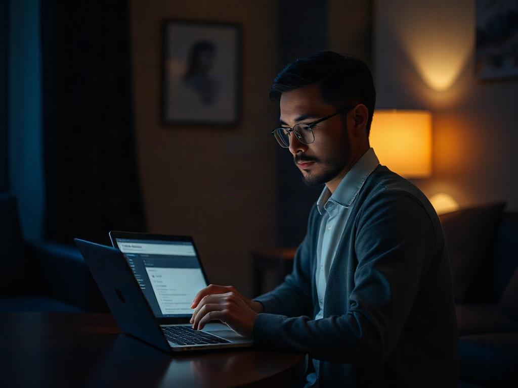 A serene setting where a single individual is thoughtfully filling out a profile application on a laptop, surrounded by soft lighting and a calm atmosphere.