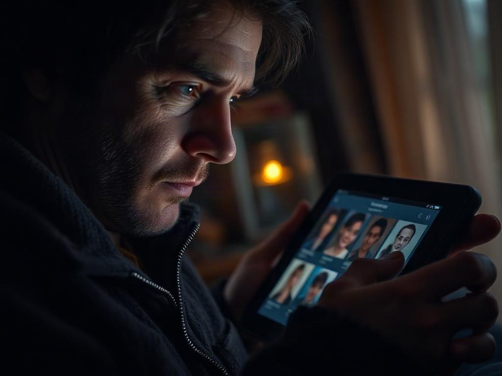 A close-up of a person looking at anonymous profiles on a tablet, with a contemplative expression, set against a cozy background.