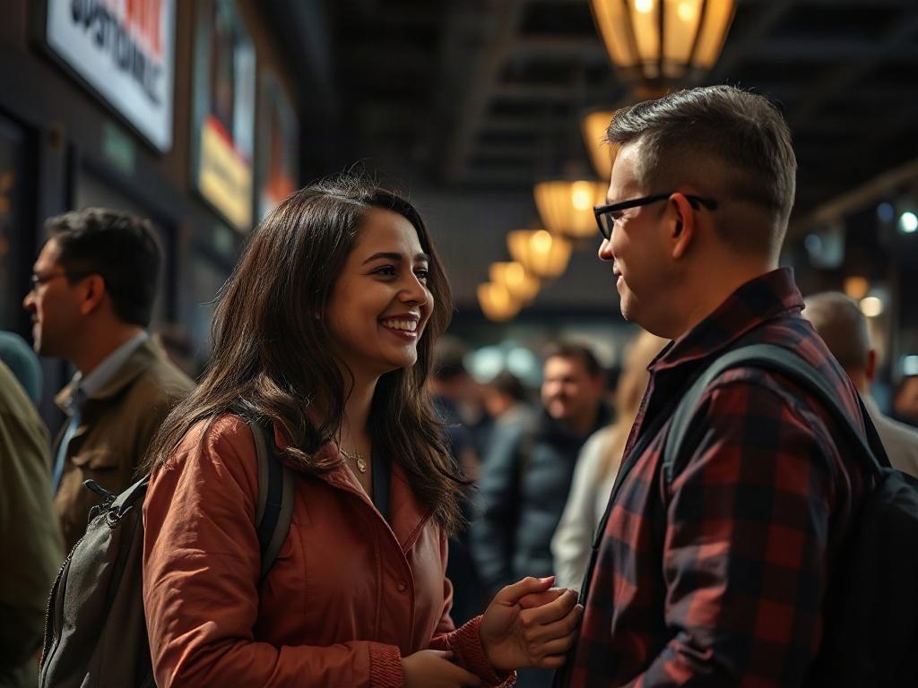 A heartwarming scene capturing two individuals meeting for the first time in a public setting, both smiling and engaging in conversation, symbolizing the beginning of a respectful relationship.