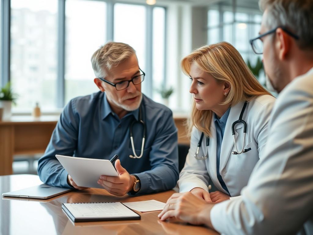 A focused close-up shot of a healthcare professional discussing real estate investment plans with a mentor, in a modern office setting. The background is softly blurred to emphasize their interaction, while a notepad and pen are visible on the table, capturing a moment of consultation.