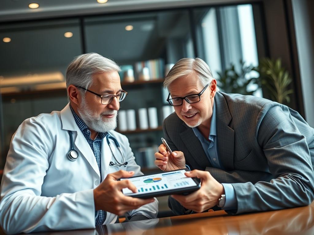 A close-up shot of a mentor and healthcare professional collaborating on a real estate investment strategy, with charts and graphs on a tablet. The setting is a stylish office, exuding professionalism and focus.