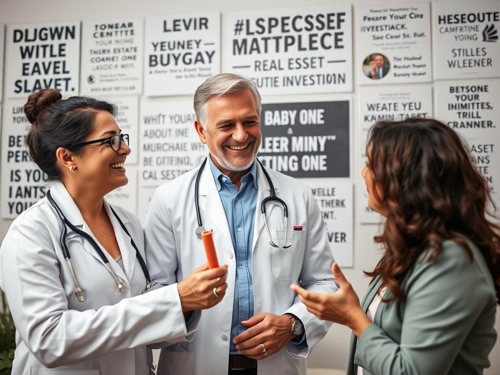A close-up shot of a healthcare professional celebrating a real estate investment milestone with a mentor, surrounded by motivational quotes and a vision board in the background. The atmosphere is uplifting and encouraging.