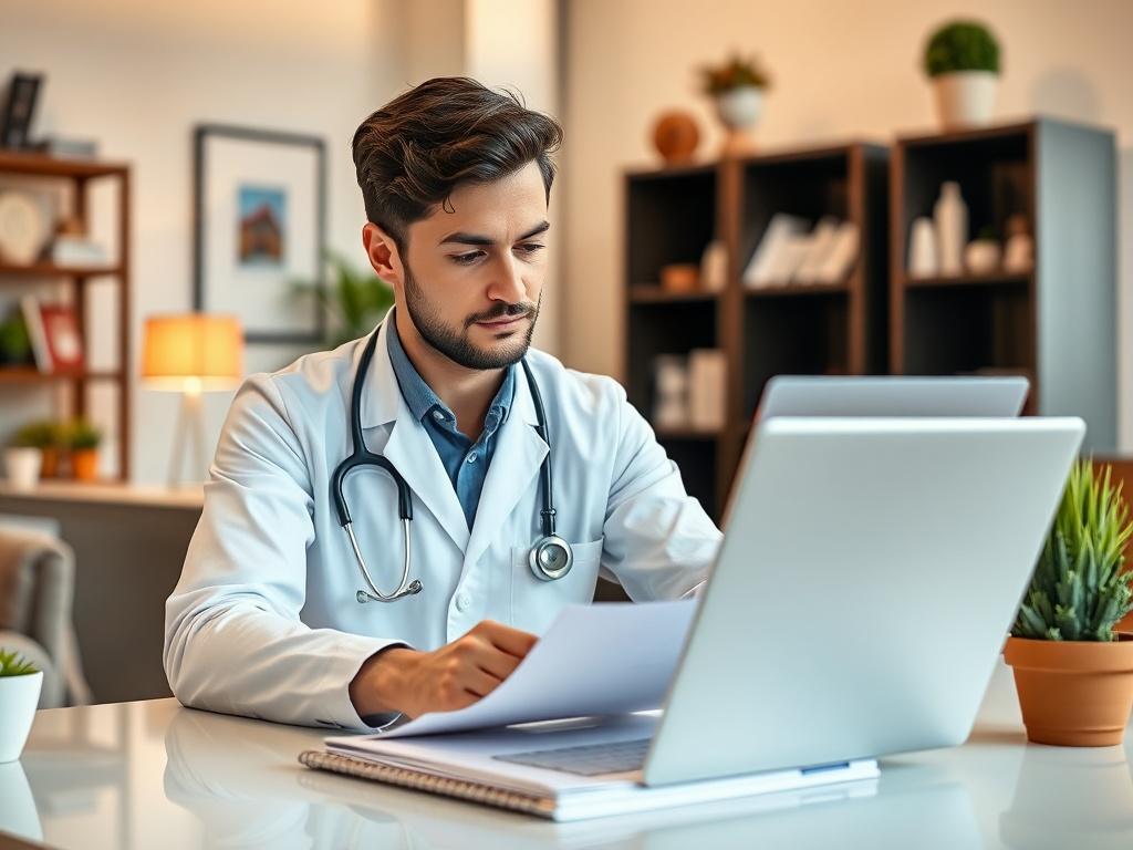 A close-up shot of a healthcare professional studying real estate investment materials at a desk, with a laptop open displaying educational content. The environment is bright and inviting, showcasing a blend of modern and traditional decor.