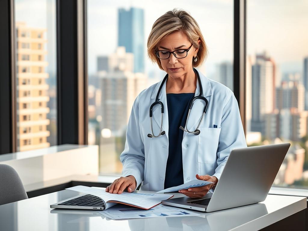 Create a realistic high resolution featuring a focused healthcare professional,