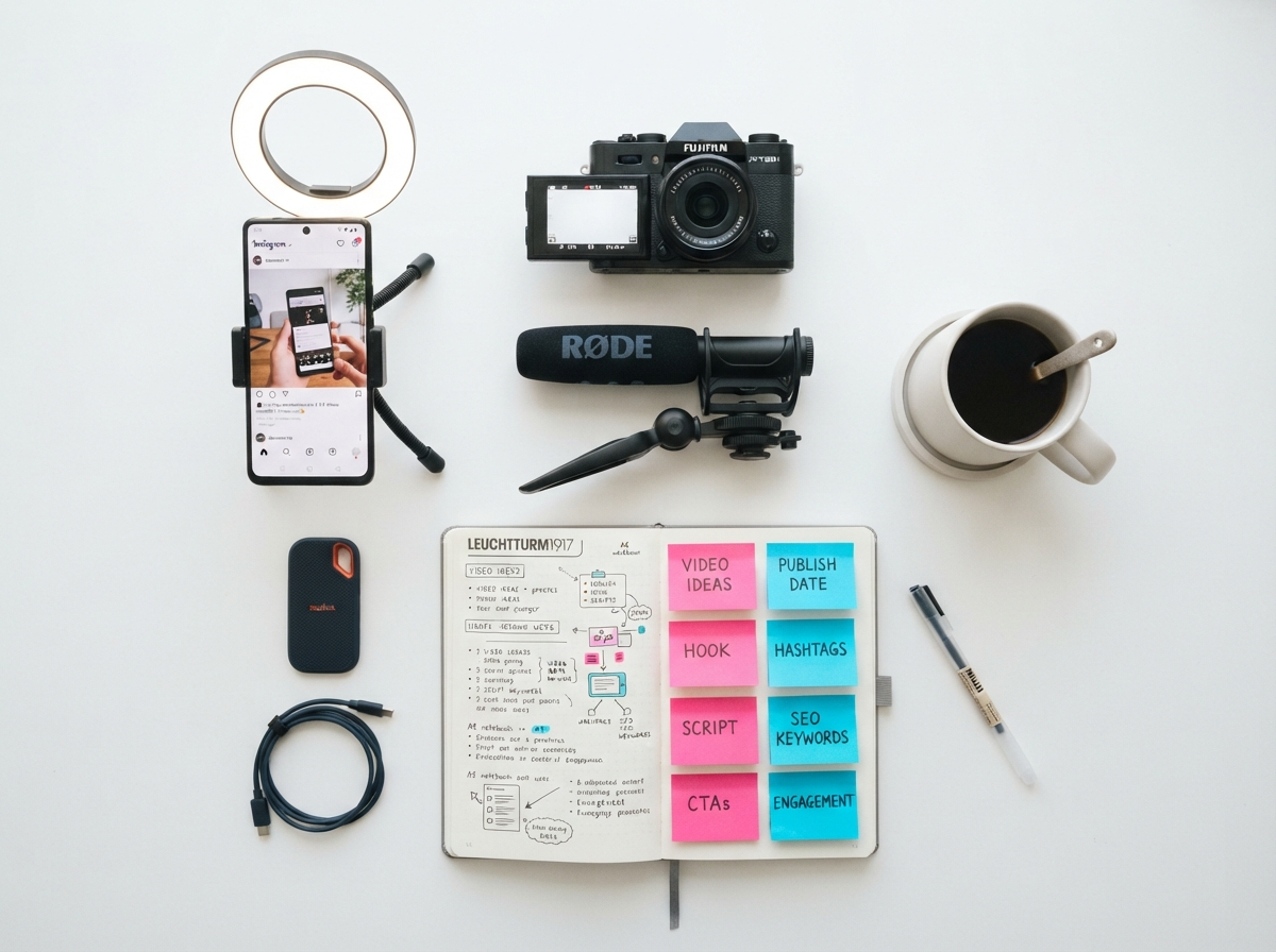 Content creation tools laid out on a white desk including smartphone, ring light, camera and notebook