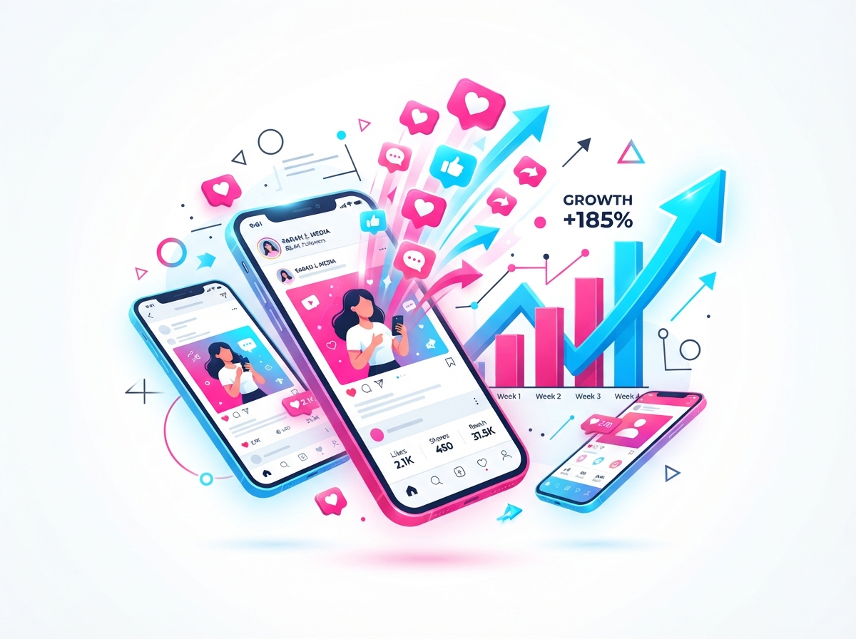 Abstract illustration of social media growth with engagement icons and rising charts