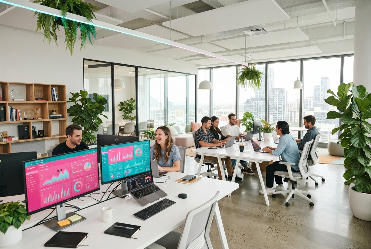 Bright modern creative agency workspace with monitors showing analytics dashboards