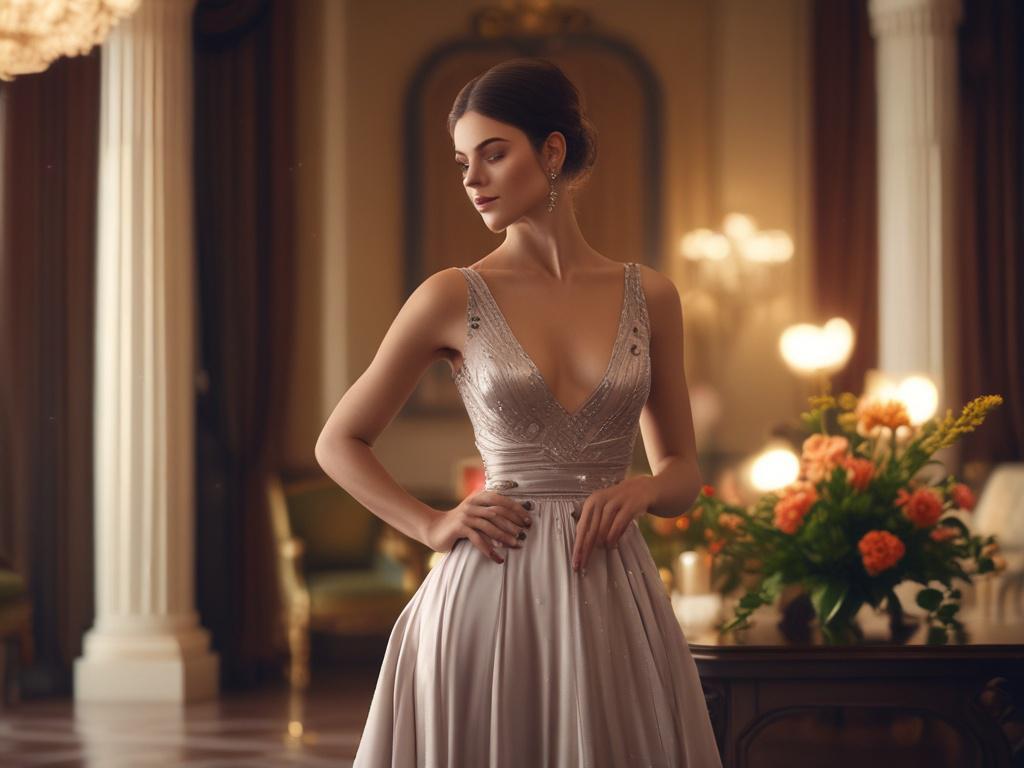 A beautiful and elegant woman dressed in a stylish evening