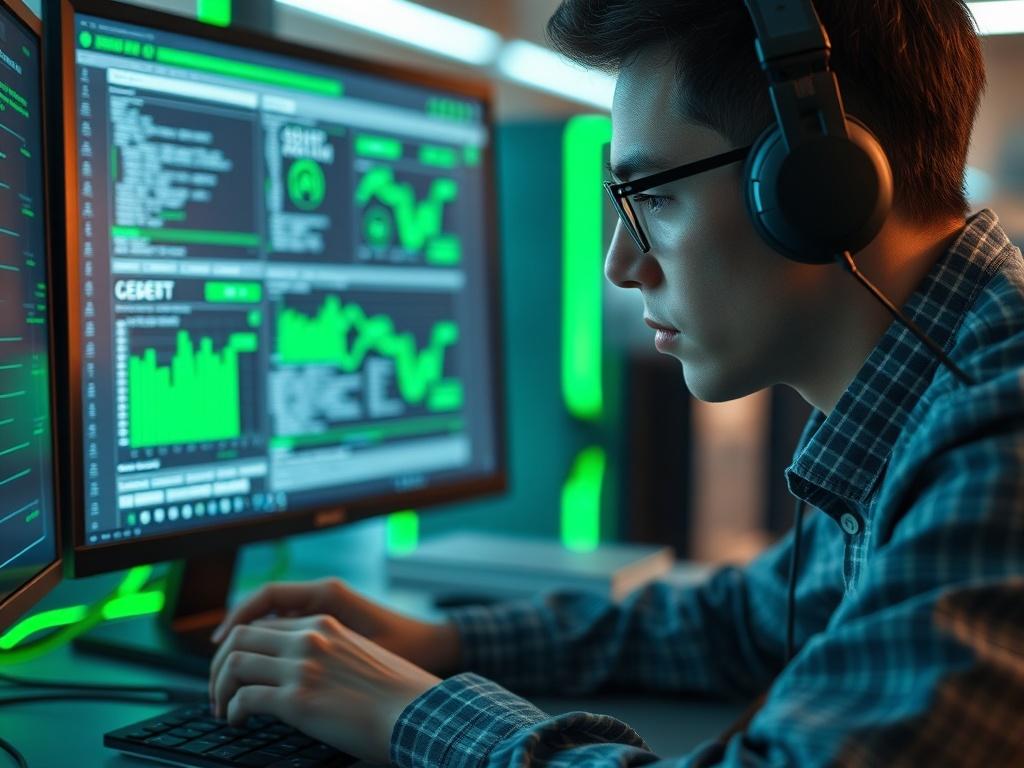 A high resolution close up shot of a person programming