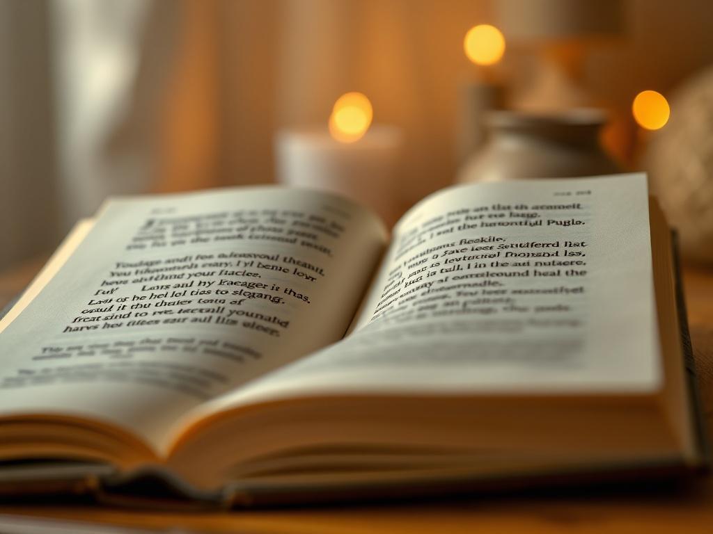 A close-up shot of an open book with pages gently turned, showcasing a heartfelt quote. The background features soft, warm lighting, casting a peaceful ambiance. The focus is on the book, with a hint of a cozy reading nook visible in the blurred background, creating an inviting atmosphere. The colors should harmonize with a palette of soft pastels, emphasizing a serene and uplifting mood.