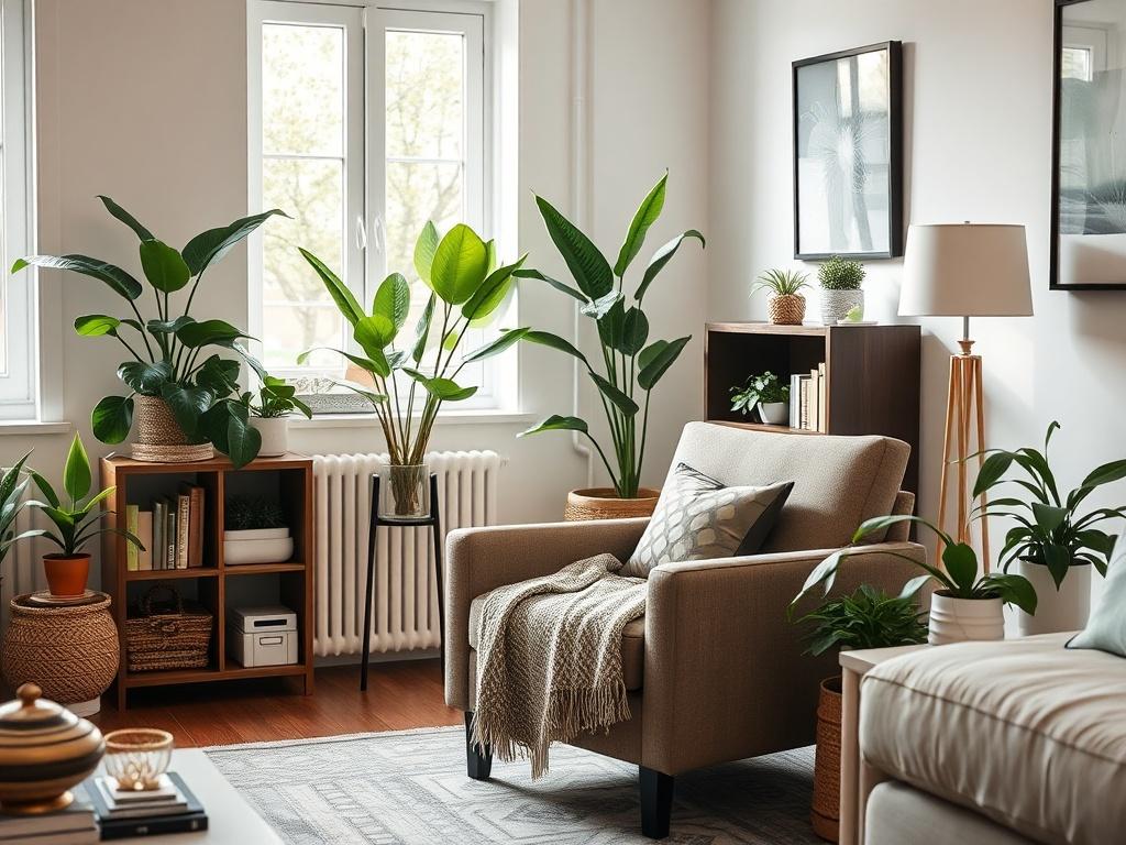 A beautifully organized living room featuring neatly arranged furniture, vibrant