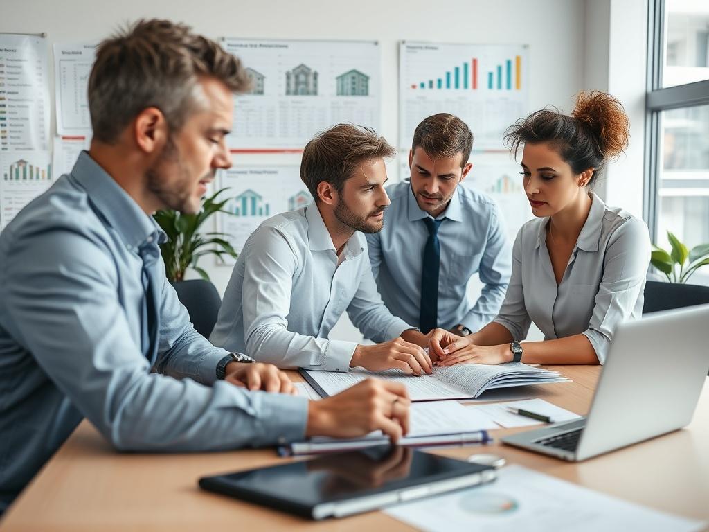 An organized property management office with a team discussing plans