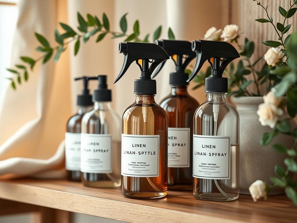 A close up shot of beautifully designed linen spray bottles