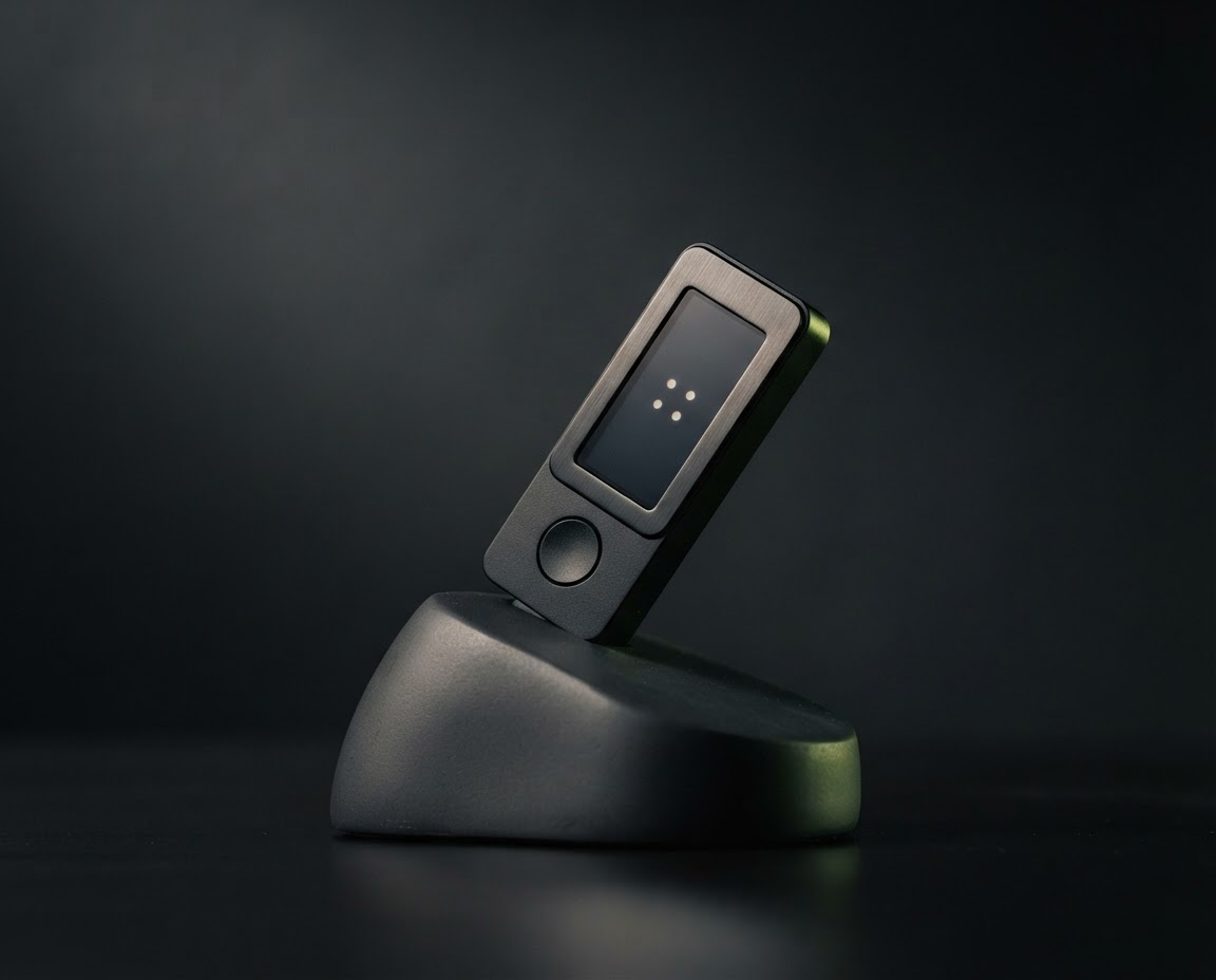 A black Ledger hardware wallet on a sculptural charcoal display
