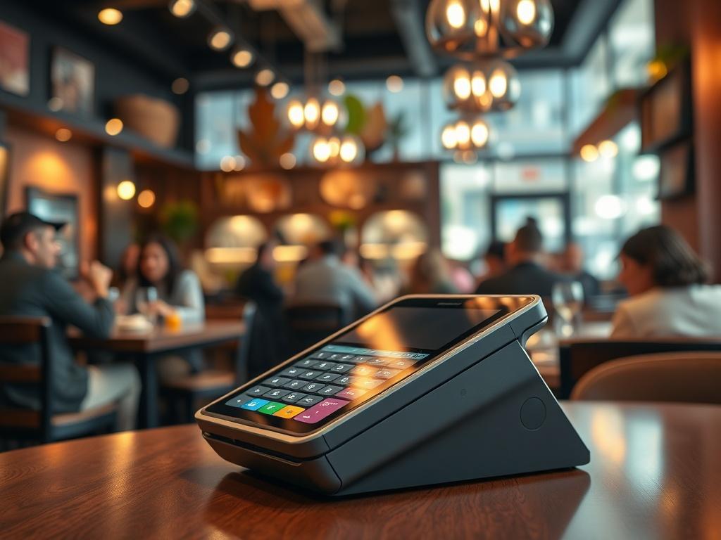 A close-up shot of a modern, sleek POS terminal on a restaurant table, with a blurred background of a busy dining area showcasing patrons enjoying their meals. The focus is on the POS terminal, emphasizing its features and design, with warm lighting creating a welcoming atmosphere. The image should capture the essence of a vibrant dining environment, suitable for promoting specialized merchant processing solutions.