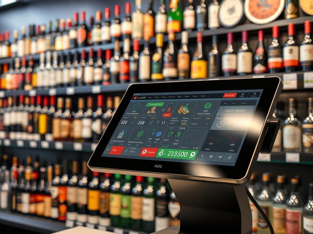 A hyper-realistic close-up shot of a sleek, modern POS system displaying a liquor store's sales interface. The background features a well-organized liquor shelf filled with various bottles of wine, spirits, and craft beers, creating a vibrant and inviting atmosphere. The image is shot with a 45mm f/1.2 lens style, focusing on the POS system while softly blurring the background to emphasize the technology in use.
